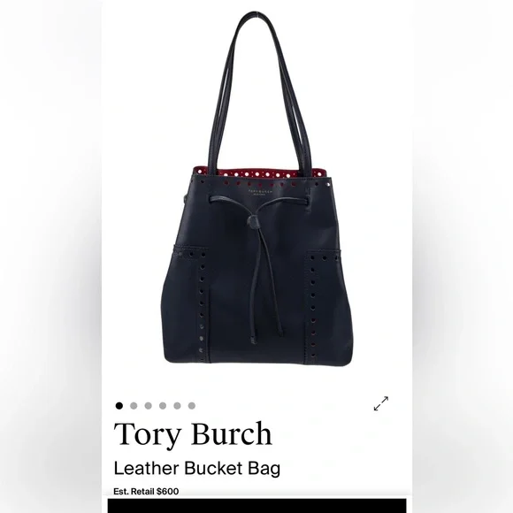 Tory Burch Dark Blue Leather Bucket Bag New Without Tags - Picture 2 of 7